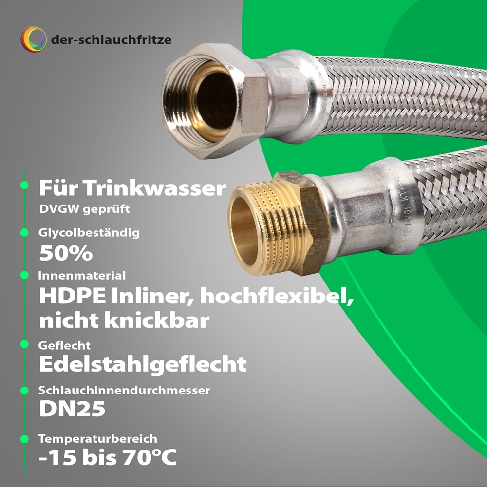 Flexschlauch 1"ÜM x 1"AG für Trinkwasser, DN25, Inliner HDPE, PN10, -15 bis 70°C, 40cm – Bild 2