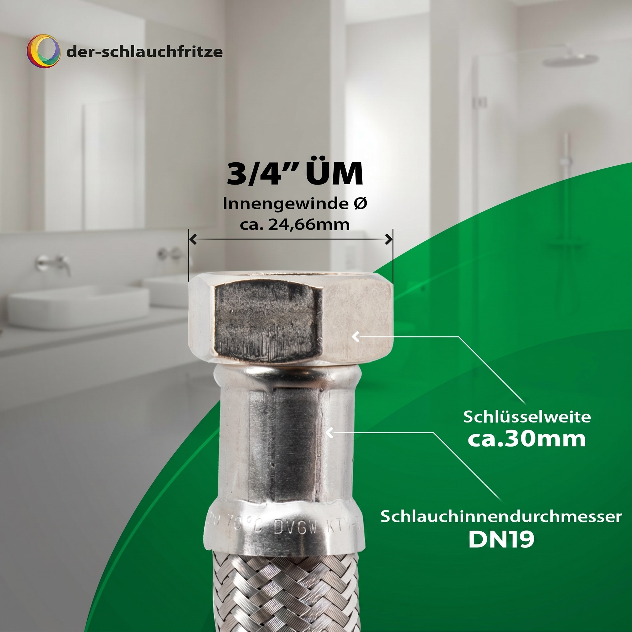 DN19 Flexschlauch bds. 3/4"ÜM für die Heiz- und Klimatechnik, Geflecht VA, 70°C, PN10, 300mm – Bild 3