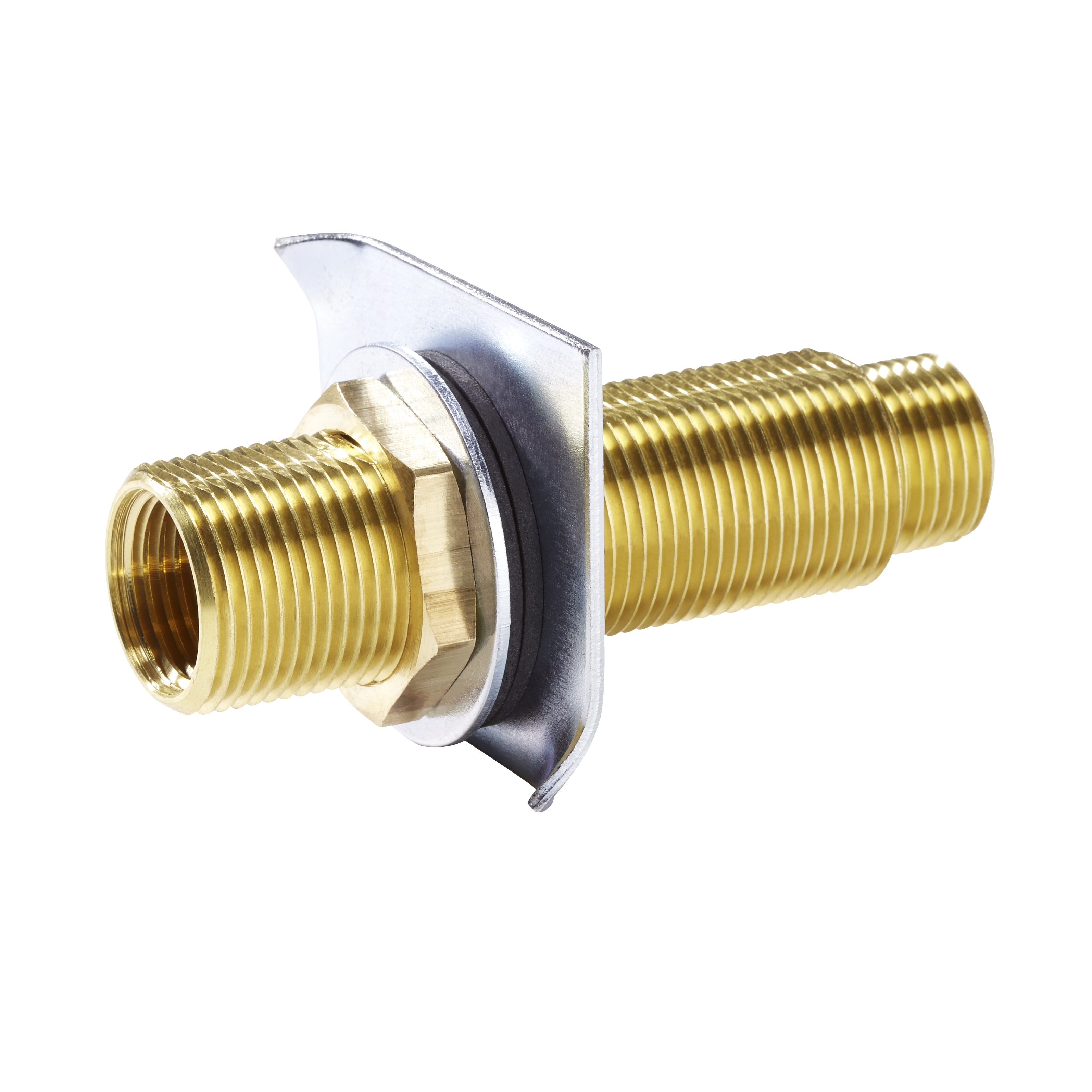 Wanddurchführung es. 3/4"AG und 1/2"IG, as. 1/2"AG, verdrehsicher mit Krallenplatte für Trockenbau