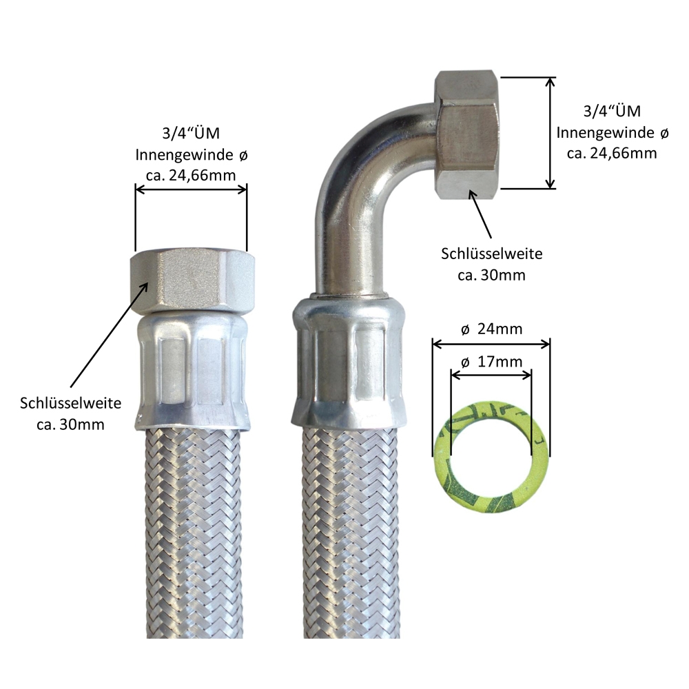 Panzerschlauch 3/4"ÜM x 3/4"ÜM Bogen, Flexschlauch DN19 mit Edelstahlumflechtung – Bild 3