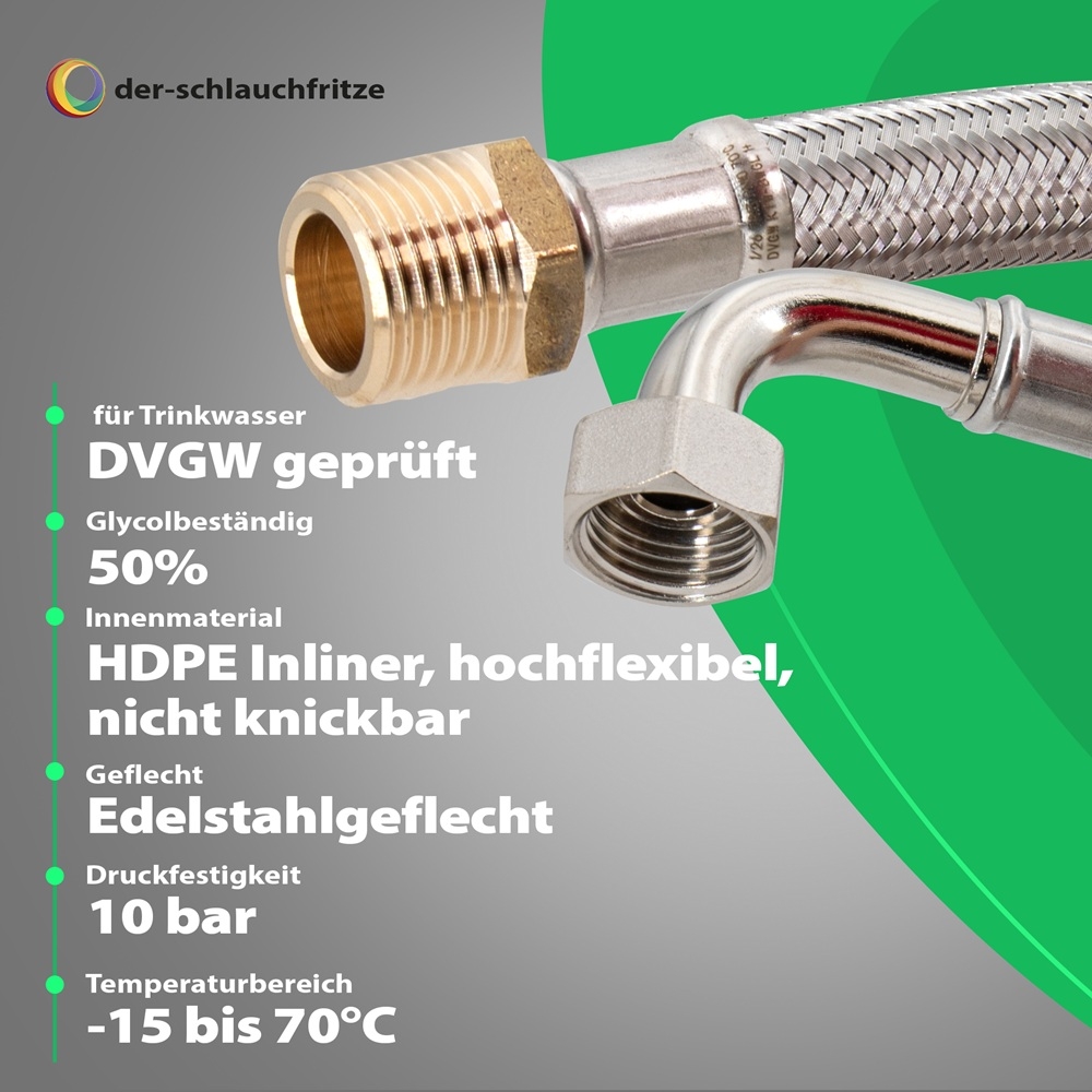 Flexschlauch 1/2"AG x 1/2"Bogen für Trinkwasser, DN13, Inliner HDPE, PN10, -15 bis 70°C, 80cm – Bild 2