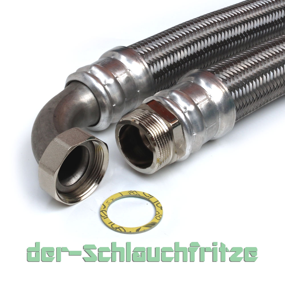 Panzerschlauch DN40 Trinkwasser, Geflecht VA, 1 1/2"AG x 1 1/2"ÜM Bogen, -20 bis 90°C, PN6, 300mm – Bild 1