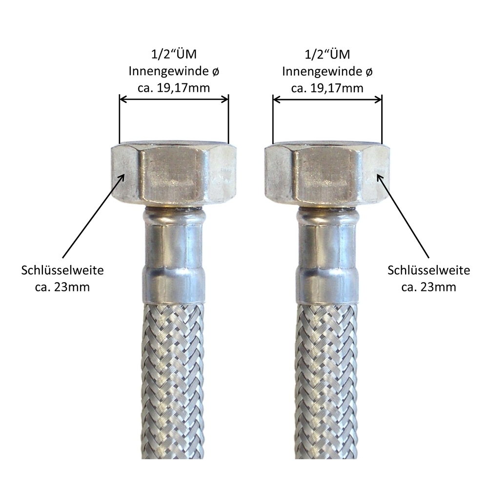 Panzerschlauch DN8 für Trinkwasser, VA Geflecht, 1/2"ÜM x 1/2"ÜM, PN10, -20 bis 70°C