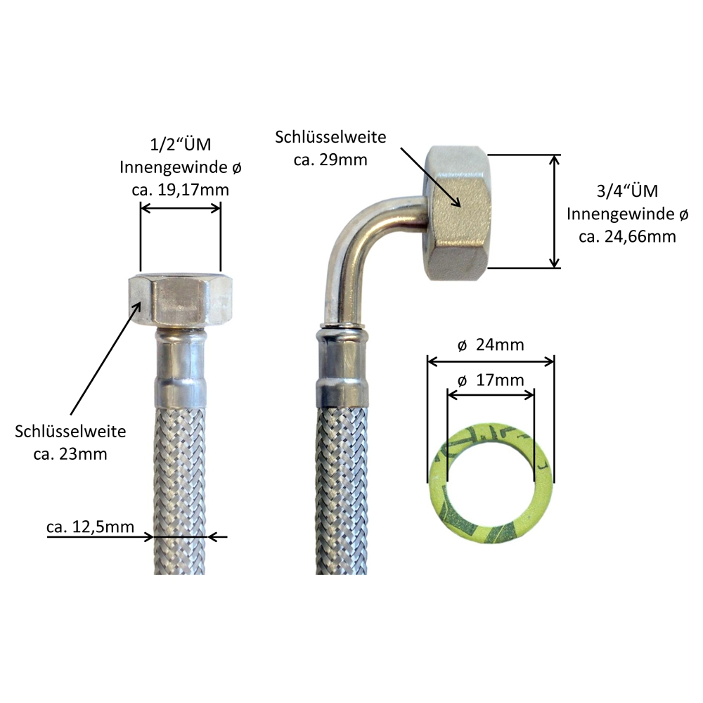 Panzerschlauch DN08 für Trinkwasser 1/2"ÜM x 3/4"ÜM Bogen, Seele HD-PE, PN10, -15 bis 70°C, 400mm – Bild 3