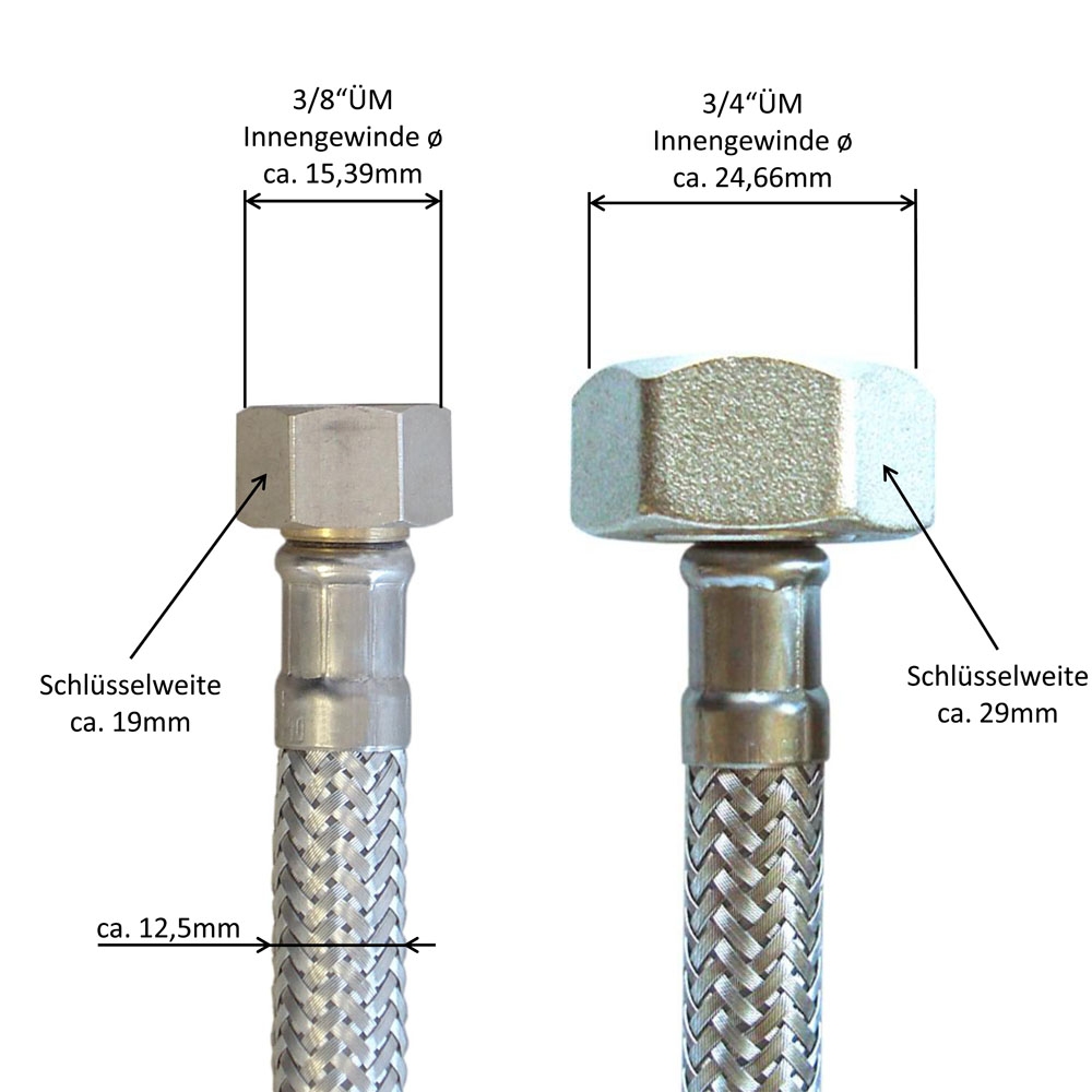 Panzerschlauch DN8, Umflechtung VA, 3/8"ÜM x  3/4"ÜM, Seele PE, DVGW (W543), KTW A, W270, 200mm – Bild 3