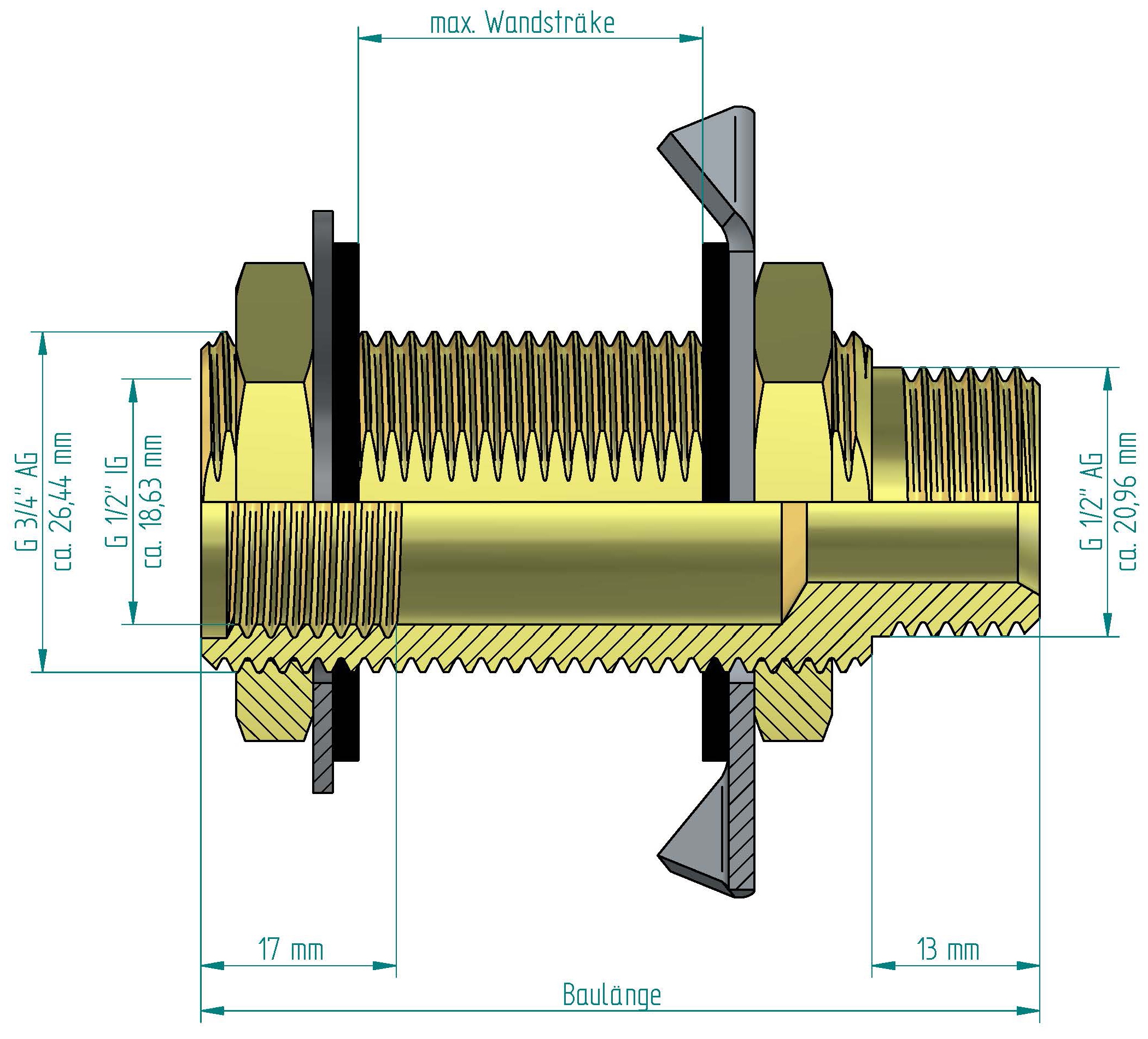 Wanddurchführung es. 3/4"AG und 1/2"IG, as. 1/2"AG, verdrehsicher mit Krallenplatte für Trockenbau