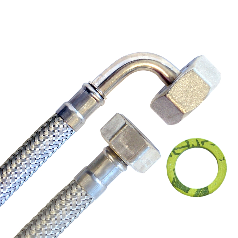 Panzerschlauch 1/2"ÜM x 3/4"ÜM Bogen, Flexschlauch DN8 für Sanitär mit Trinkwasserzulassung – Bild 1