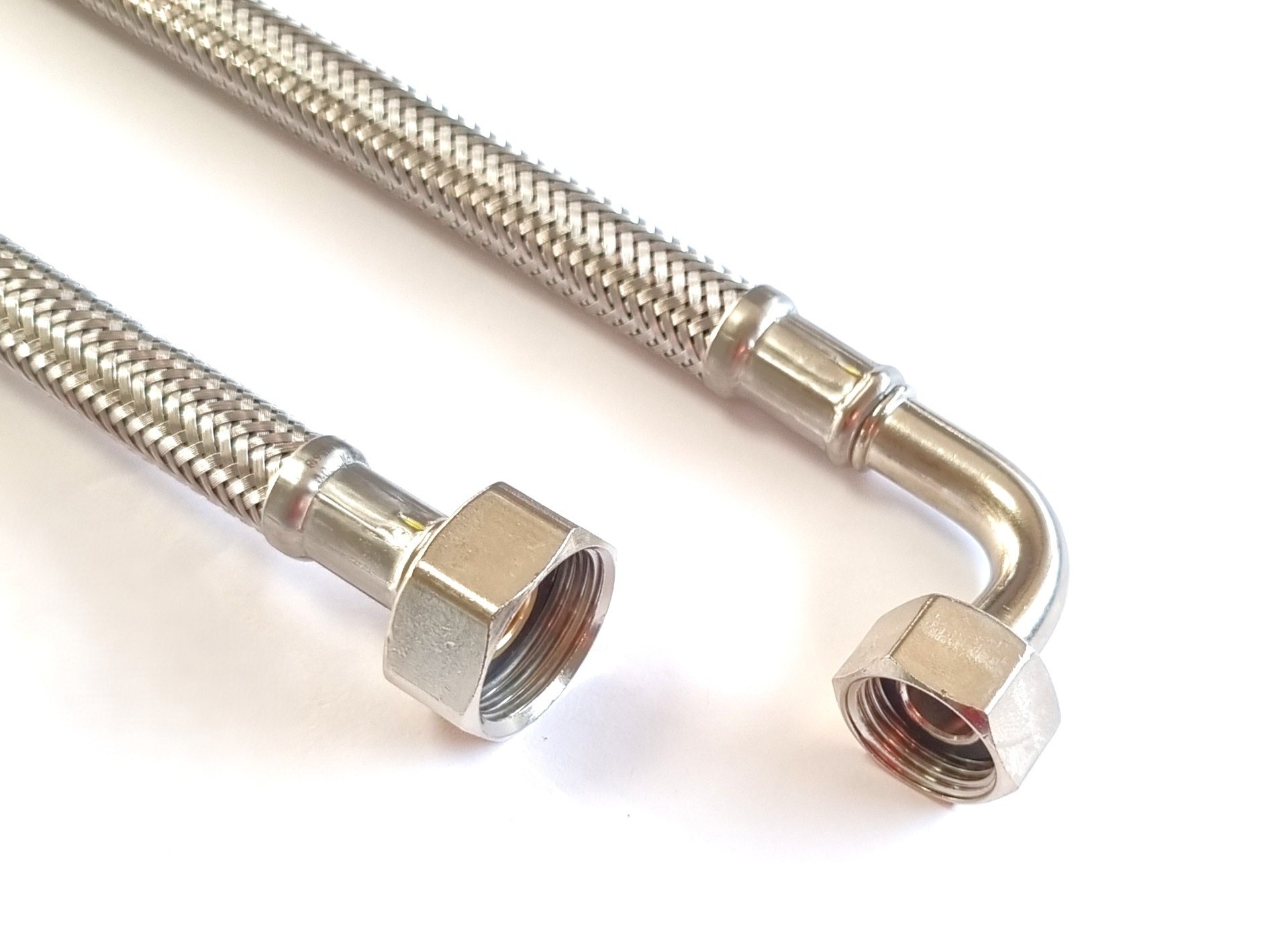 DN08 Panzerschlauch 1/2"ÜM x 3/8"ÜM Bogen für Trinkwasser, PN10, Geflecht VA, Seele HDPE, bis 70°C