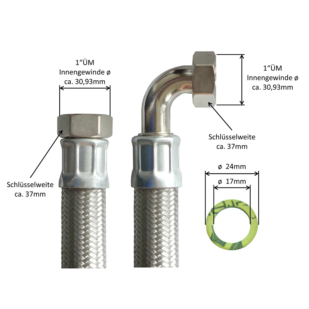 Flexschlauch 1"ÜM x 1"ÜM Bogen, DN25, Inliner EPDM, Geflecht VA, PN10, -20 bis 90°C, 1,5m – Bild 3