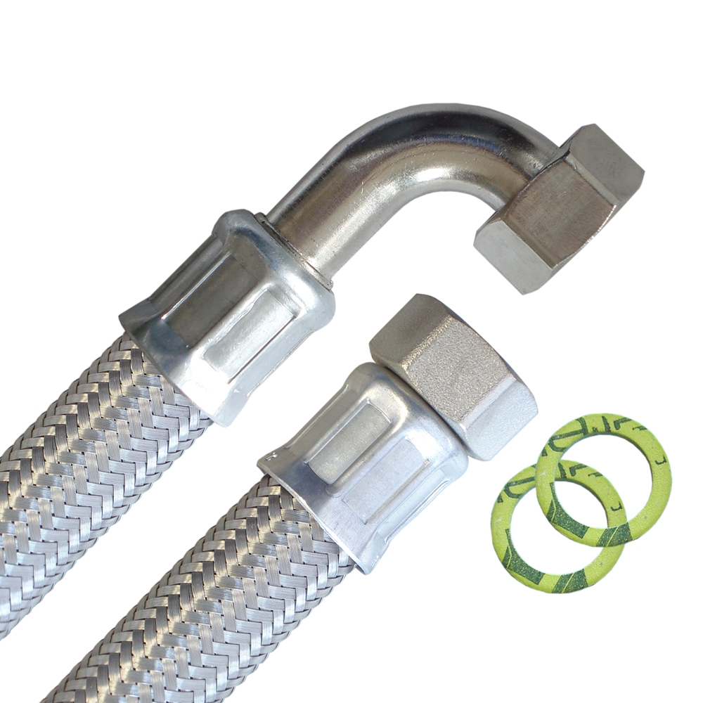 Panzerschlauch 3/4"ÜM x 3/4"ÜM Bogen, Flexschlauch DN19 mit Edelstahlumflechtung