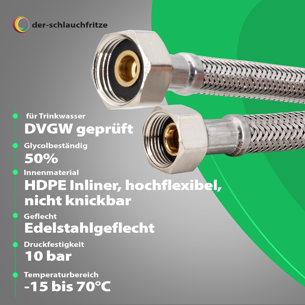 Flexschlauch 3/8"ÜM x 1/2"ÜM für Trinkwasser, DN08, Inliner HDPE, PN10, -15 bis 70°C, 3m – Bild 2