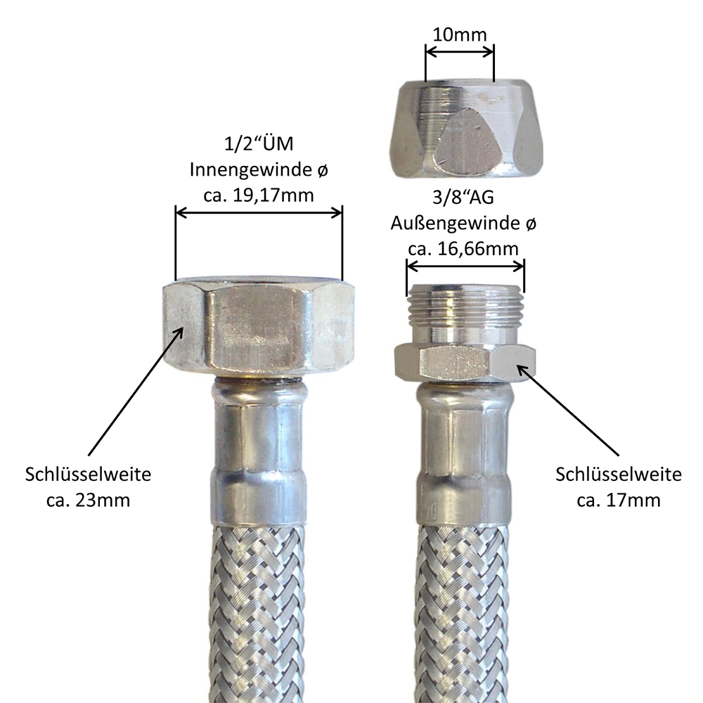 Flexschlauch 1/2"ÜM x 10mm Quetsch für Trinkwasser, DN08, Inliner HDPE, PN10, -15 bis 70°C, 30cm – Bild 3