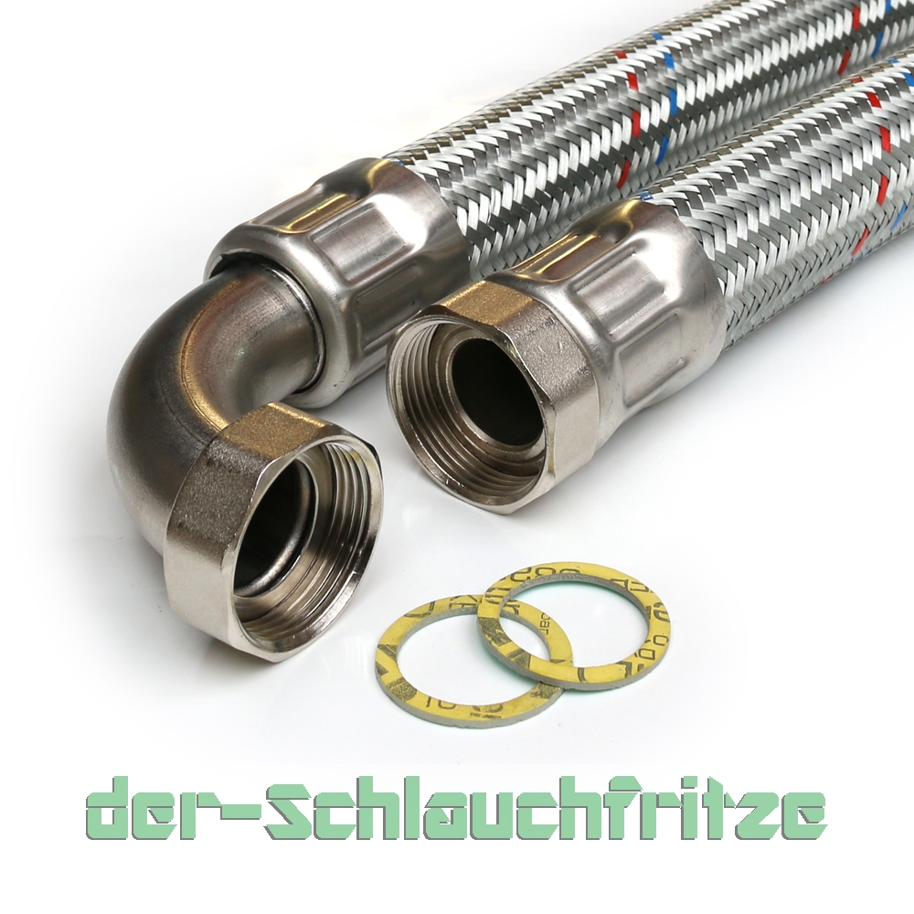 Panzerschlauch DN32 für Nutzwasser, Geflecht verzinkt, 1 1/4"ÜM x 1 1/4"ÜM Bogen, PN10, -20 bis 90°C