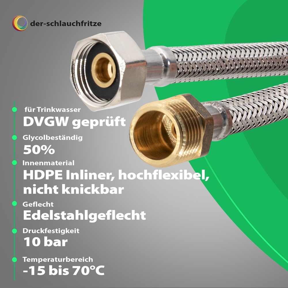 Flexschlauch 1/2"ÜM x 1/2"AG für Trinkwasser, DN08, Inliner HDPE, PN10, -15 bis 70°C, 30cm – Bild 2