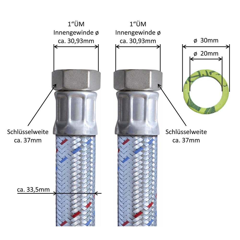 Panzerschlauch DN25, Geflecht verzinkt, PN10, EPDM Inliner, bds. 1"ÜM, -20 bis 90°C, 2500mm – Bild 3