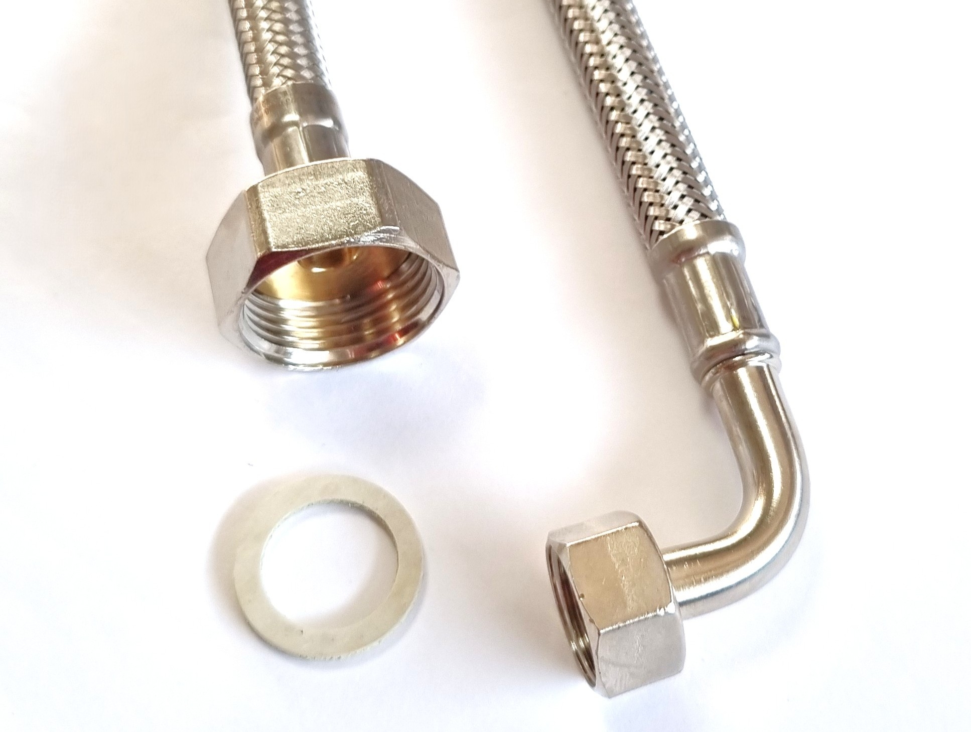 DN08 Panzerschlauch 3/4"ÜM x 3/8"ÜM Bogen für Trinkwasser, Geflecht VA, Seele HDPE, PN10, bis 70°C – Bild 2