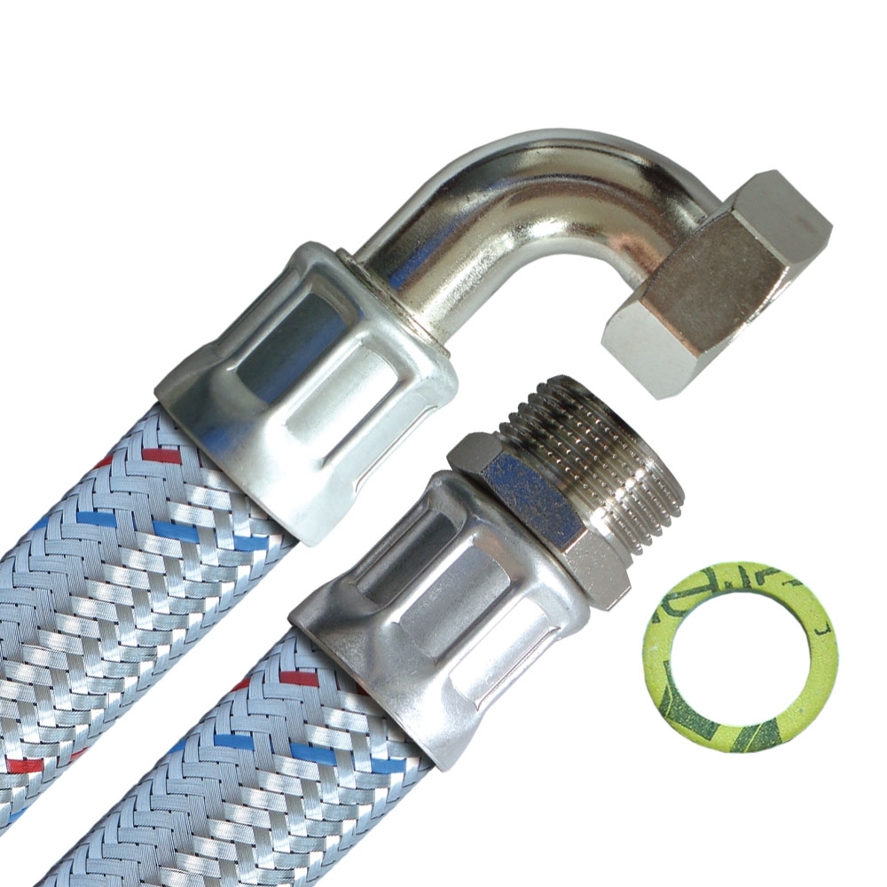 Panzerschlauch DN25, Geflecht verzinkt, PN10, EPDM Inliner, 1"AG x 1"ÜM Bogen, -20 bis 90°C, 300mm – Bild 1