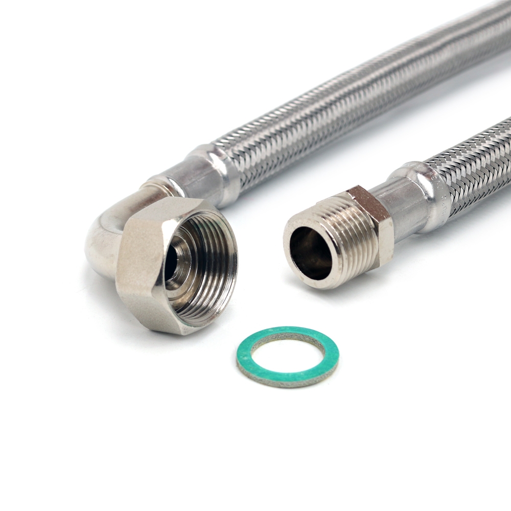 Panzerschlauch 1/2"AG x 3/4"ÜM 90°Bogen für Trinkwasser DN13, 500mm Länge, -20 - 90°C, DVGW (W543)