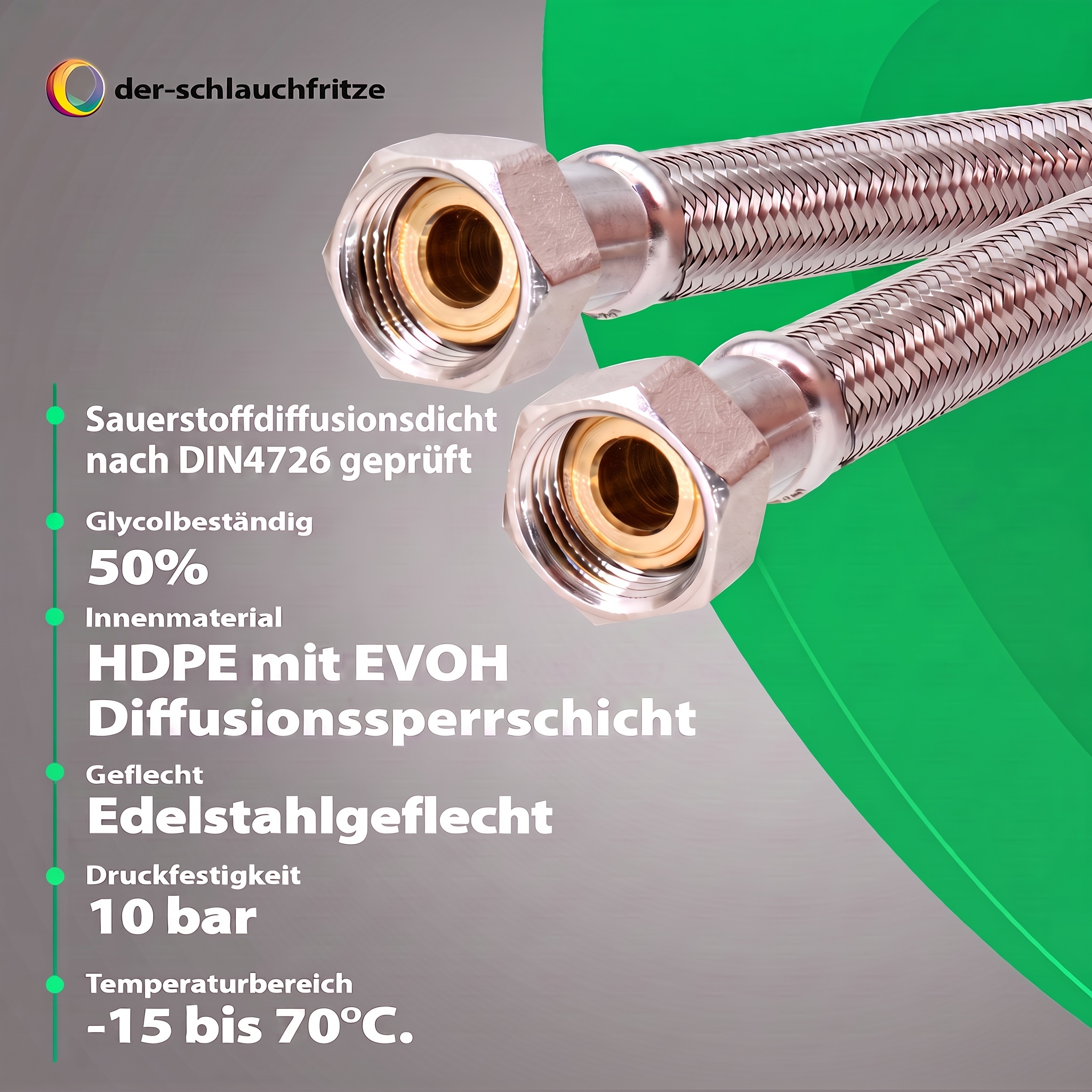 DN13 Flexschlauch bds. 1/2"ÜM für die Heiz- und Klimatechnik, Geflecht VA, 70°C, PN10