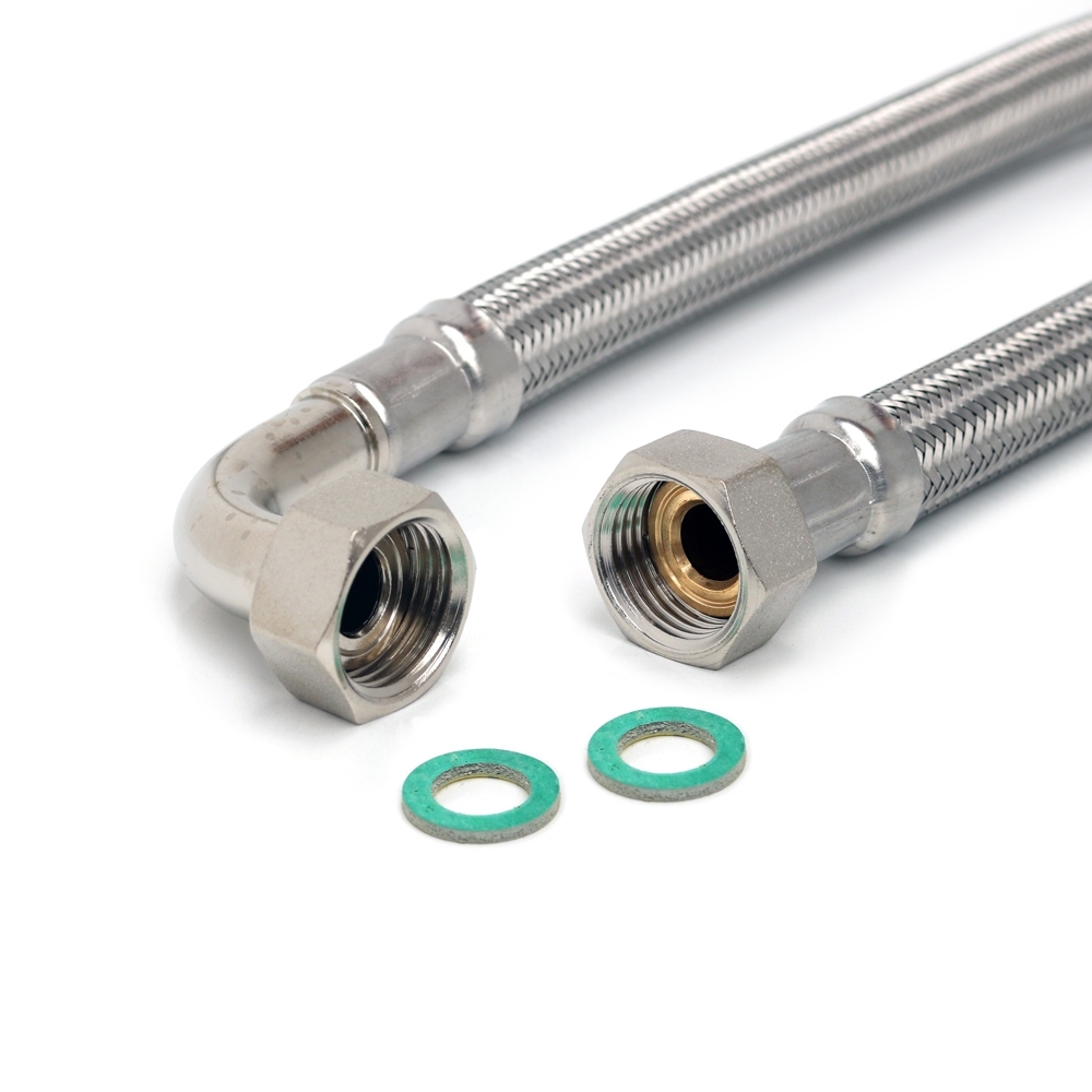 Panzerschlauch DN13 für Trinkwasser, 1/2"ÜM x 1/2"ÜM 90°Bogen, PN10, -15 - 70°C, DVGW, 300mm – Bild 1
