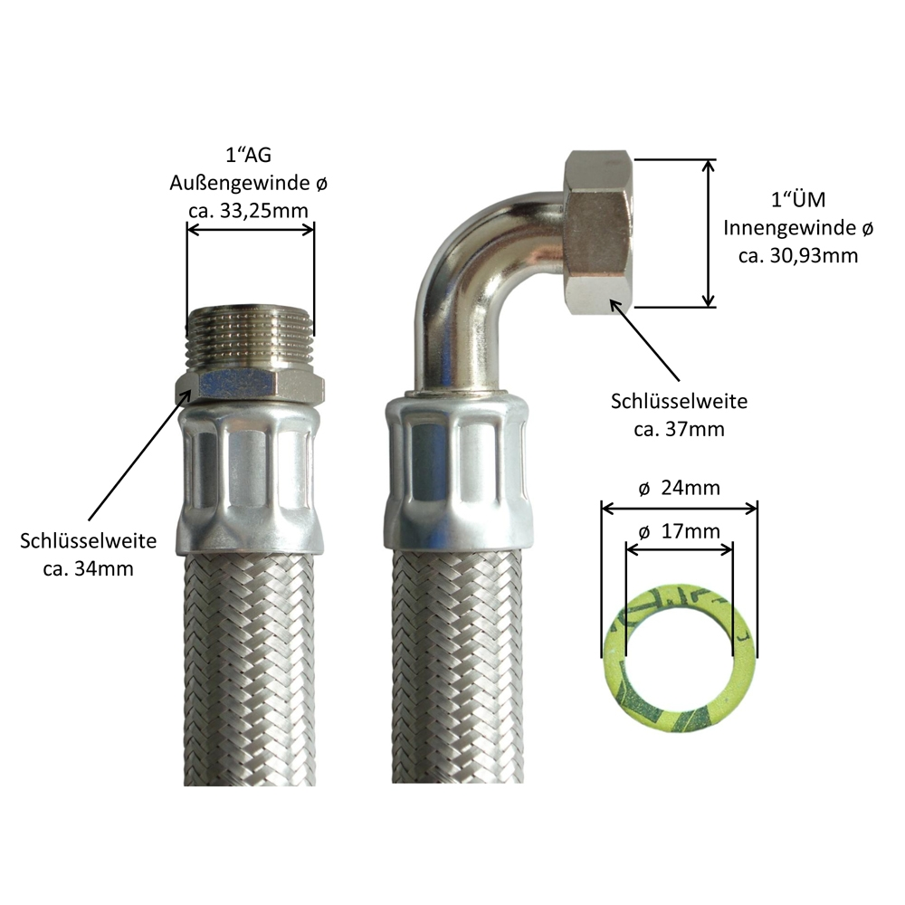 Saug-/Druckschlauch 1"AG x 1"ÜM Bogen, DN25, Inliner HDPE, Geflecht VA, PN10, -15 bis 80°C, 70cm – Bild 3