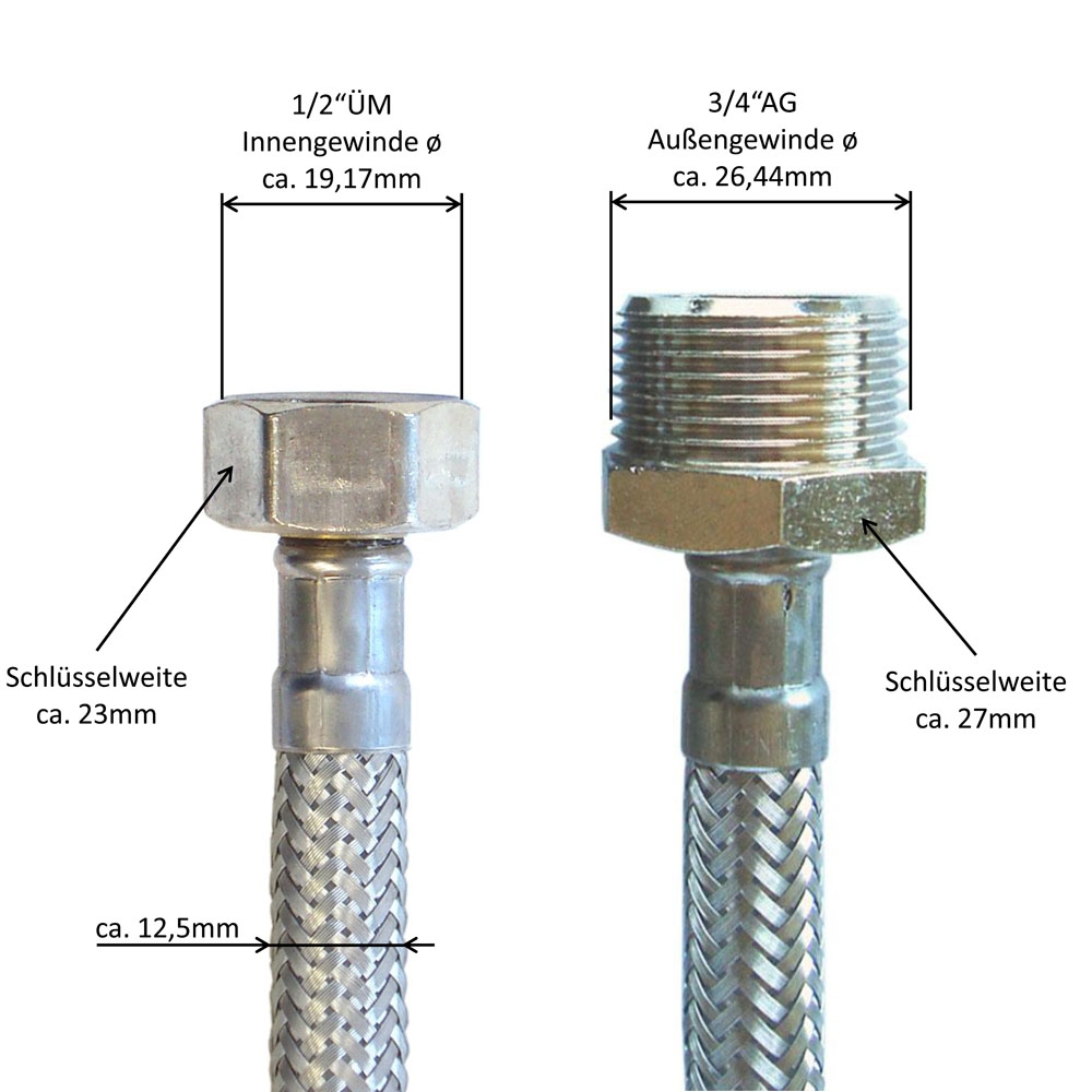 Panzerschlauch DN08 für Trinkwasser, 1/2"ÜM x 3/4"AG, Geflecht VA, Seele HDPE, DVGW, KTW A, 300mm – Bild 3