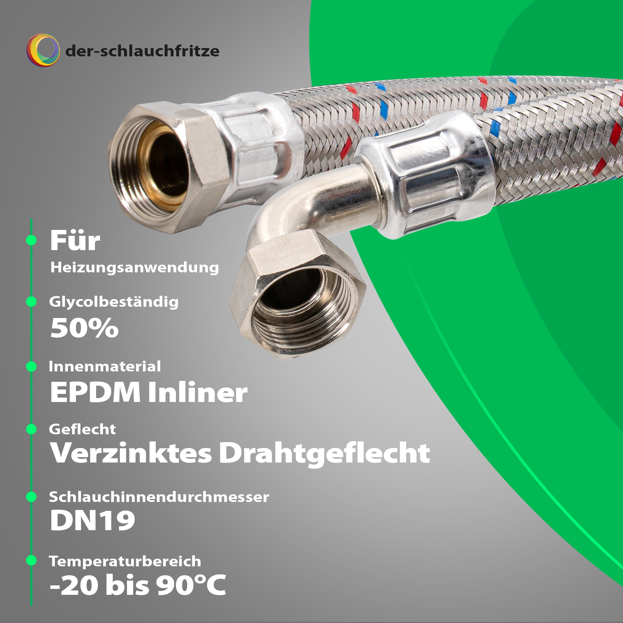 Flexschlauch 3/4"ÜM x 3/4"ÜM Bogen, DN19, Inliner EPDM, Geflecht verzinkt, PN10, -20 bis 90°C, 50cm – Bild 3