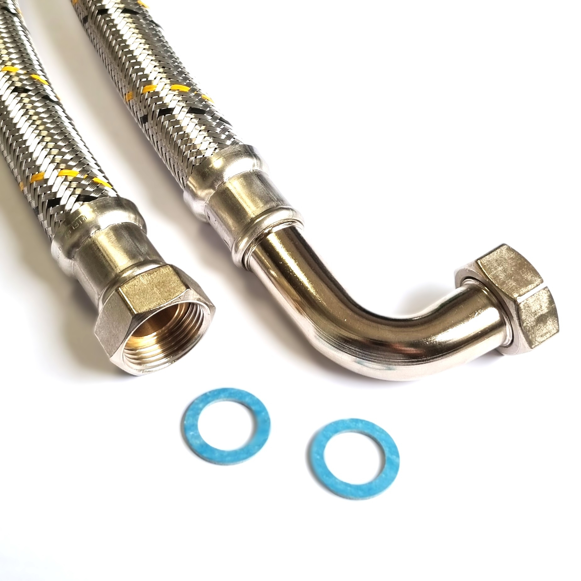 Saug-/Druckschlauch DN32, Geflecht VA, Seele HDPE, 1 1/4"ÜM x ÜM Bogen, -15 bis 80°C, PN10,