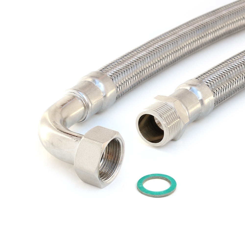 Panzerschlauch 3/4"AG x 3/4"ÜM mit Bogen und Trinkwasserzulassung, Flexschlauch für z.B. Pumpen – Bild 1