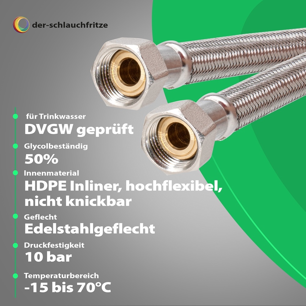 Flexschlauch 1/2"ÜM x 1/2"ÜM für Trinkwasser, DN13, Inliner HDPE, PN10, -15 bis 70°C, 1cm – Bild 2