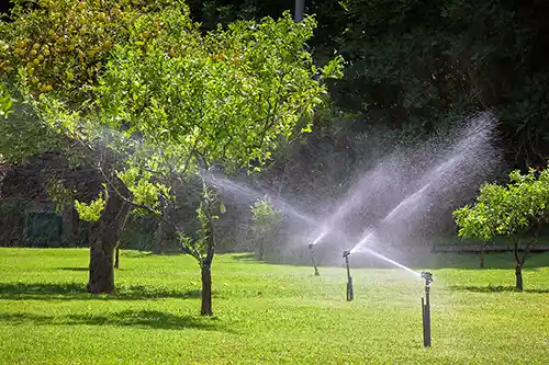 Garten mit grünen Bäumen und Wiese, der von Sprinklersystem bewässert wird