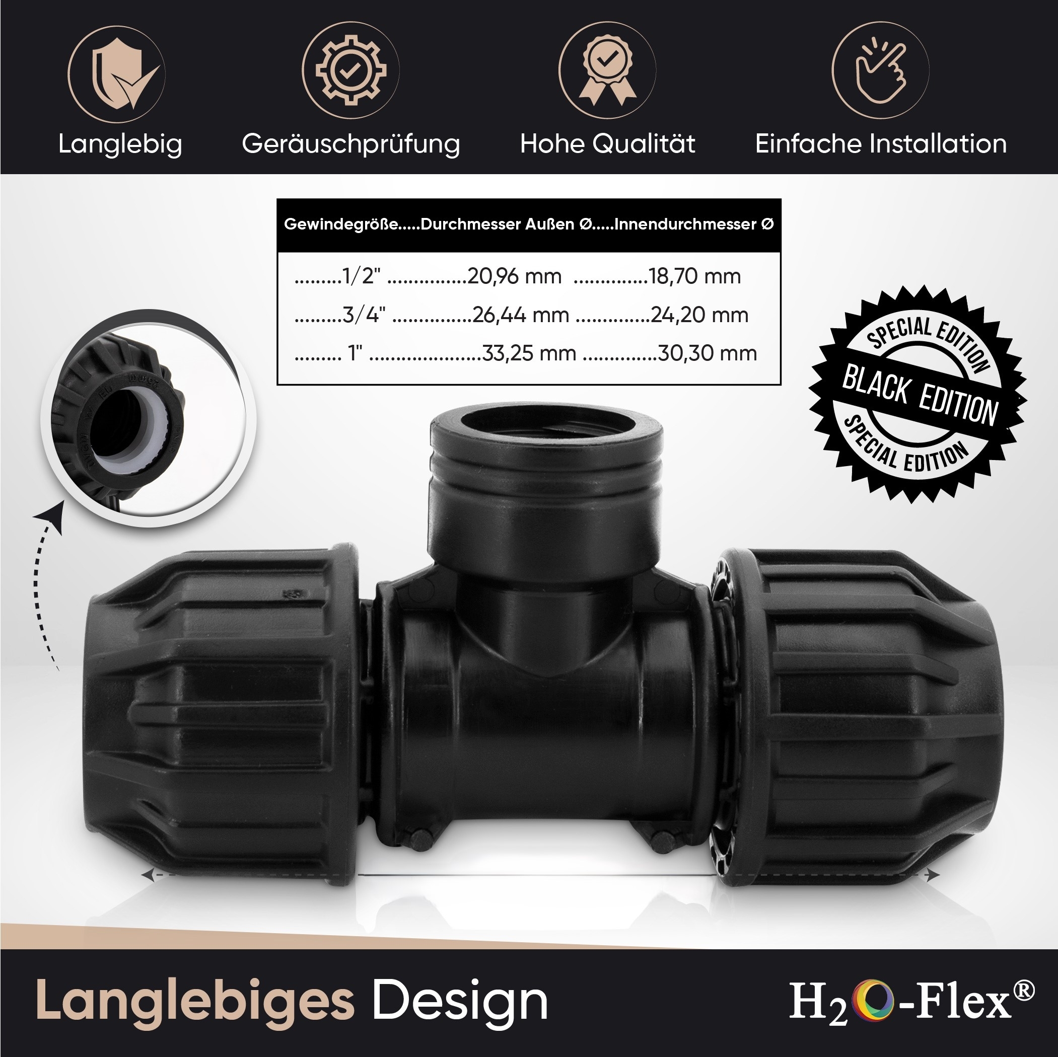 20er PP Klemmfitting T-Stück mit 3/4" Innengewinde für PE Rohr – Bild 2