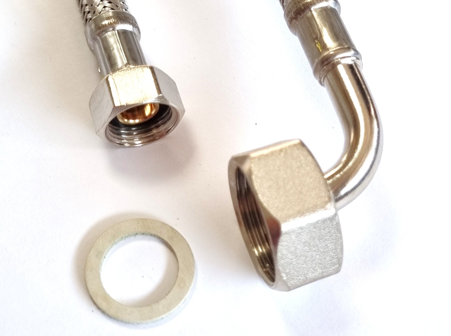 DN08 Panzerschlauch 3/8"ÜM x 3/4"ÜM Bogen für Trinkwasser, PN10, bis 70°C, Geflecht VA, Seele HDPE