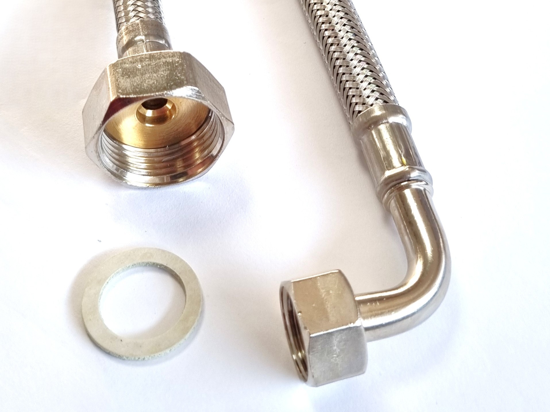 Panzerschlauch f. Trinkwasser, Umfl. Edelstahldraht, DN8, KTW,3/4"ÜM x 3/8"ÜM 90°Bogen – Bild 4