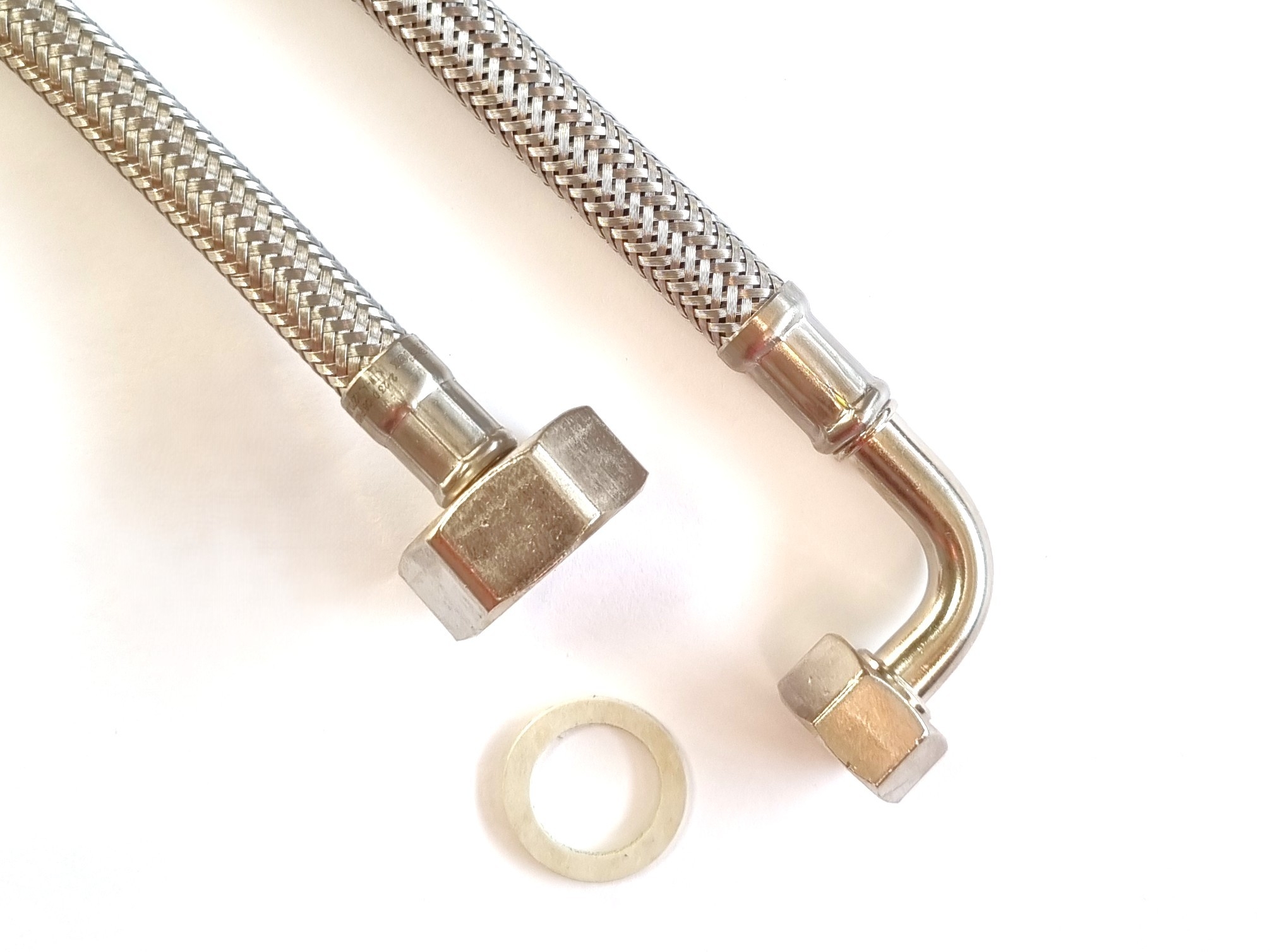 DN08 Panzerschlauch 3/4"ÜM x 3/8"ÜM Bogen für Trinkwasser, Geflecht VA, Seele HDPE, PN10, bis 70°C – Bild 3