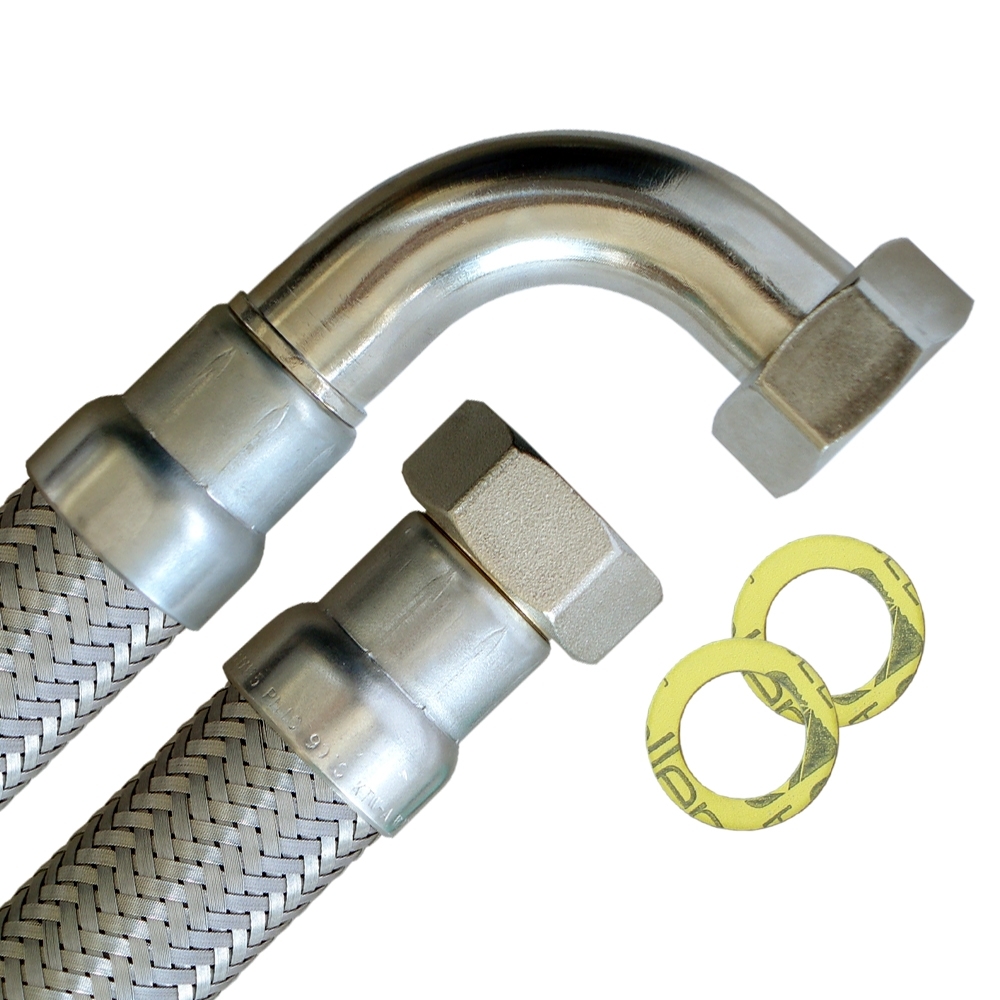 Flexschlauch 1 Zoll ÜM x 1 Zoll ÜM mit Bogen, hoch flexibler Panzerschlauch mit Trinkwasserzulassung