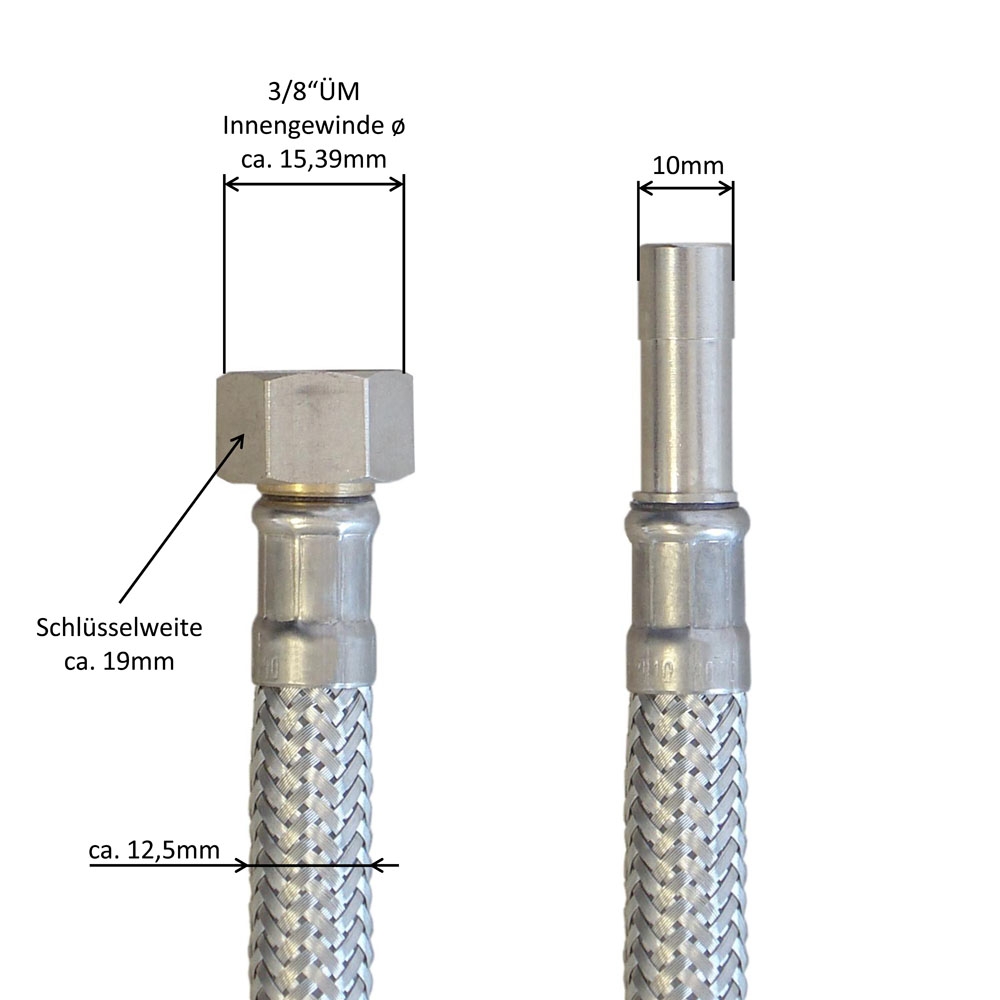 Panzerschlauch DN08 für Trinkwasser, Geflecht VA, 3/8"ÜM x 10mm Rohr, PN10,-15 bis 70°C, 300mm – Bild 3
