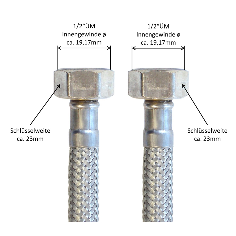 Panzerschlauch DN8 für Trinkwasser, bds. 1/2"ÜM, -15 bis 70°C, Geflecht VA, PN10, DVGW, 100mm – Bild 3