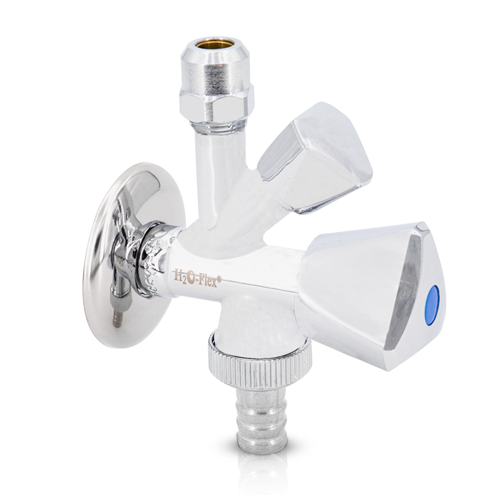Kombi-Eckventil 1/2"AG x 10mm x 3/4"AG, Geräteventil mit Schlauchverschraubung und Rückflussverhinde