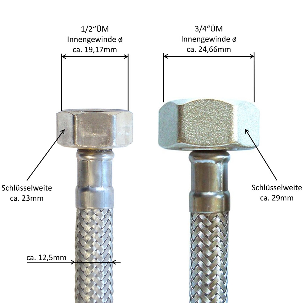 Panzerschlauch 1/2"ÜM x 3/4"ÜM, Flexschlauch in DN8 mit Trinkwasserzulassung – Bild 3