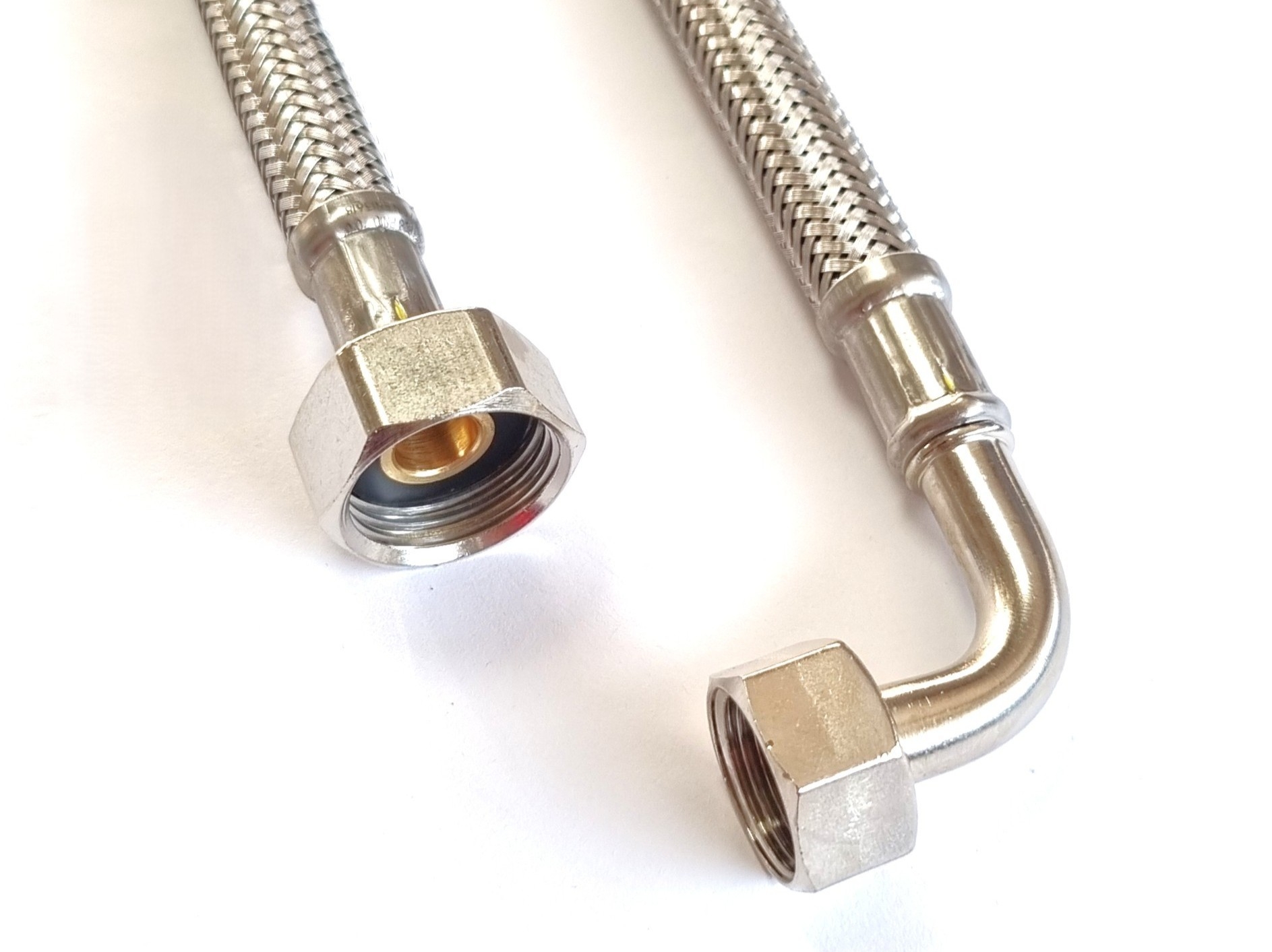 DN08 Panzerschlauch 1/2"ÜM x 3/8"ÜM Bogen für Trinkwasser, PN10, Geflecht VA, Seele HDPE, bis 70°C – Bild 2