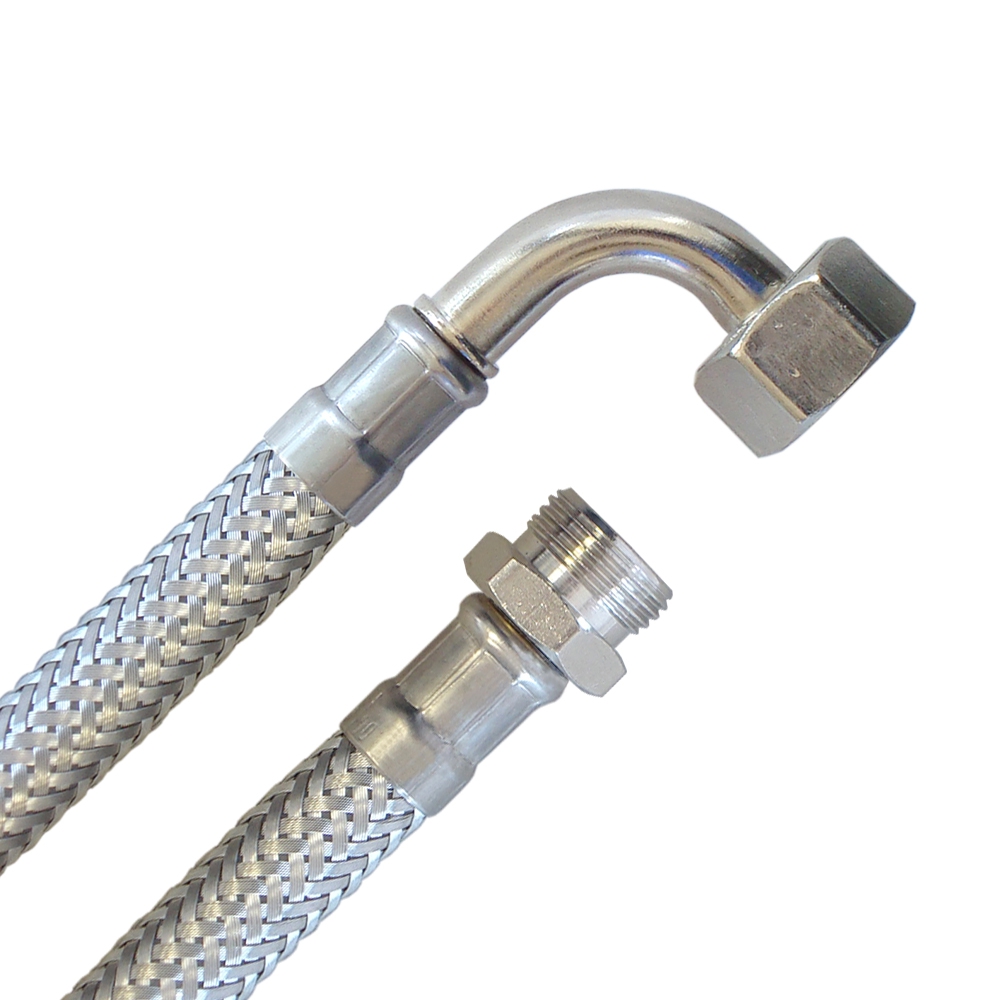 Panzerschlauch 3/8"AG x 3/8"ÜM Bogen, Flexschlauch DN8 für Sanitär mit Trinkwasserzulasssung