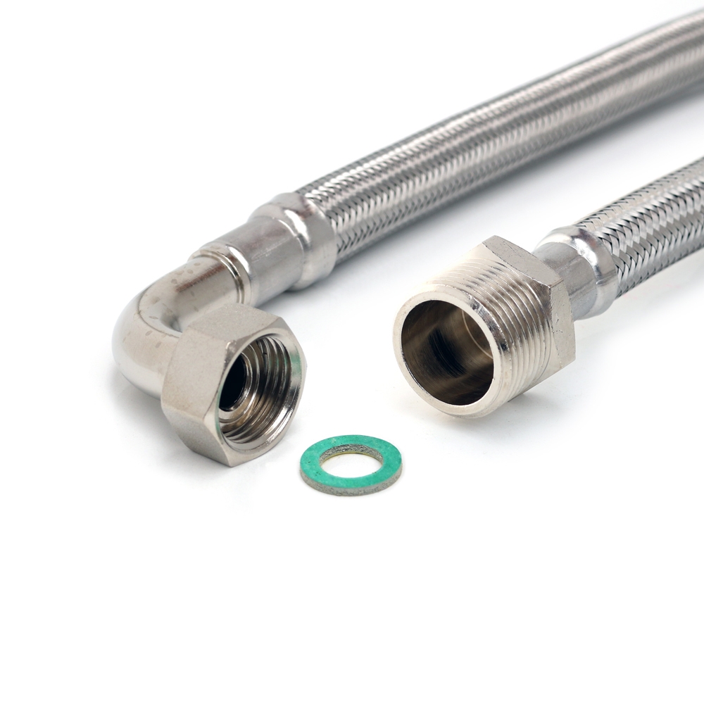 Flexschlauch 3/4"AG x 1/2"ÜM 90° Bogen, hoch flexibler Panzerschlauch mit Trinkwasserzulassung