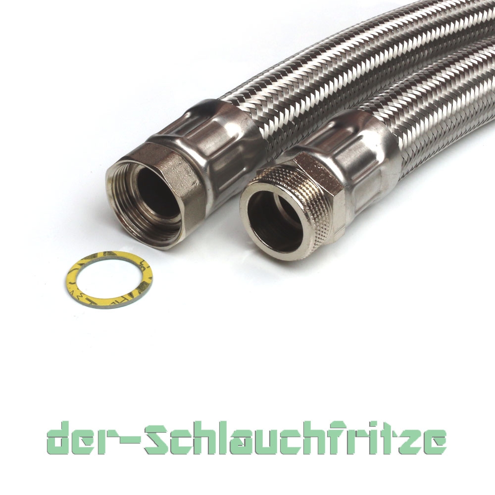Panzerschlauch DN32 für Nutzwasser, VA Geflecht, 1 1/4"ÜM x 1 1/4"AG, PN6, -20 bis 90°C