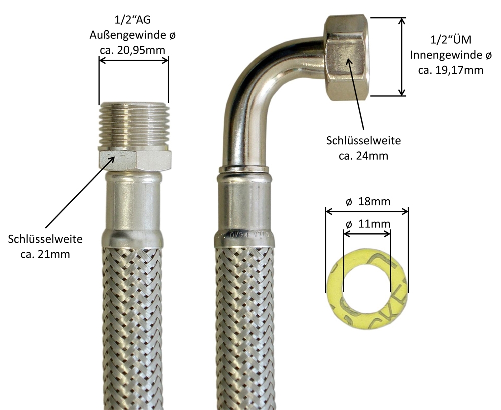 Panzerschlauch DN13 für Trinkwasser, 1/2"AG x 1/2"ÜM 90°Bogen, PN10, -20 - 70°C, DVGW, 800mm – Bild 3