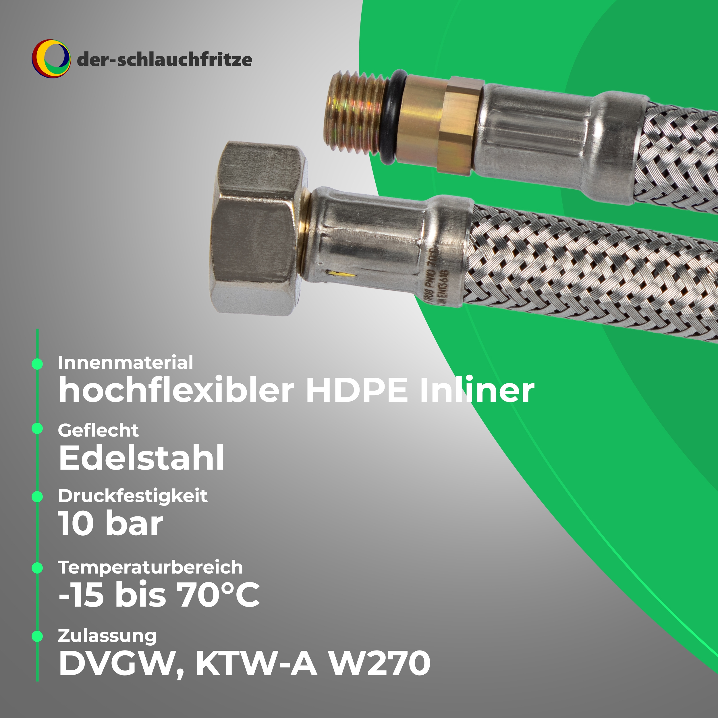 2er Set DN08 Flexschlauch 3/8"ÜM x M10 x 1 kurz für Trinkwasser, PN10,-15 bis 70°C, 20cm – Bild 3
