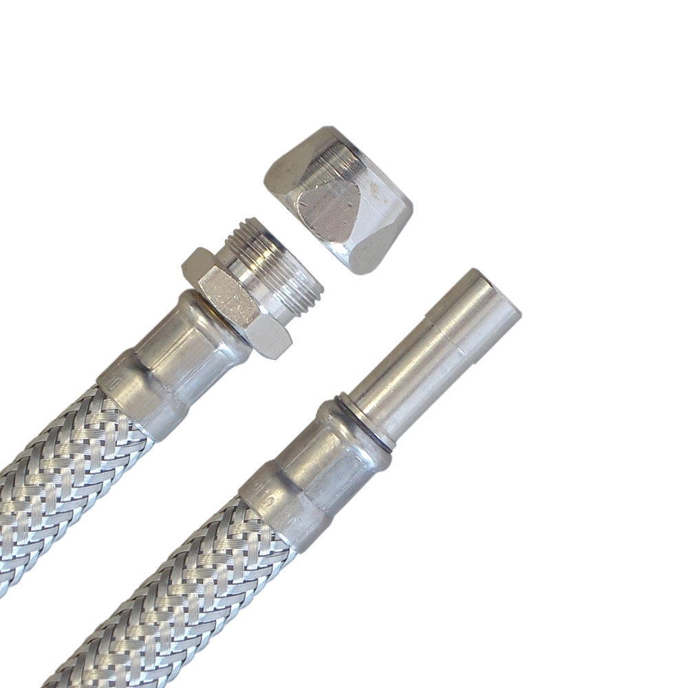 Panzerschlauch 10mm Quetsch x 10mm Rohrstutzen, Flexschlauch für Sanitär mit Trinkwasserzulassung