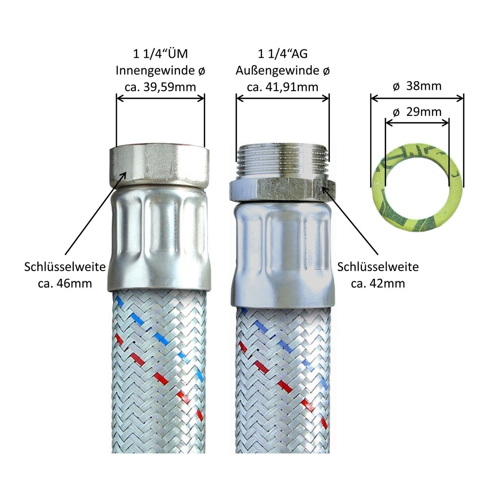Panzerschlauch DN32 für Nutzwasser, Geflecht verzinkt, 1 1/4"ÜM x 1 1/4"AG, PN6, -20 bis 90°C – Bild 2