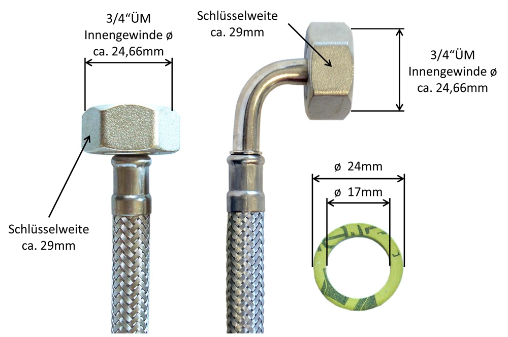 Panzerschlauch DN08 für Trinkwasser, DVGW (W543), KTW A, W270, 3/4"ÜM x 3/4"ÜM 90°Bogen, 700mm – Bild 3