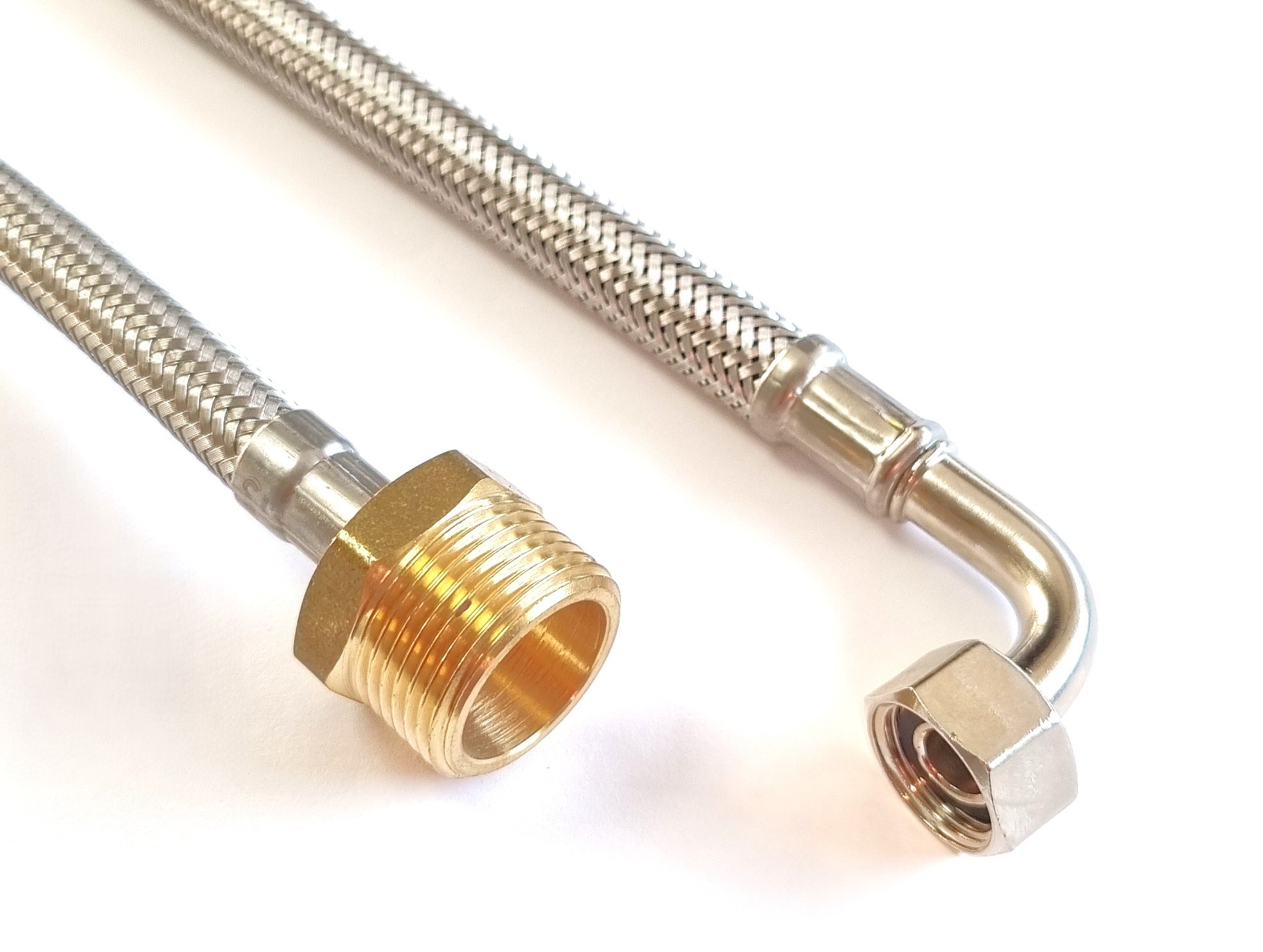 DN08 Panzerschlauch 3/4"AG x 3/8"ÜM Bogen für Trinkwasser, Geflecht VA, Seele HDPE, PN10, bis 70°C